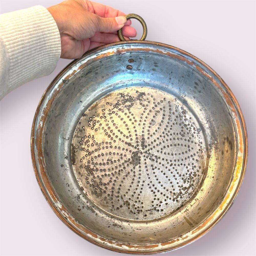 Vintage Copper Colander Wall Hanging Pierced Floral Farmhouse Design